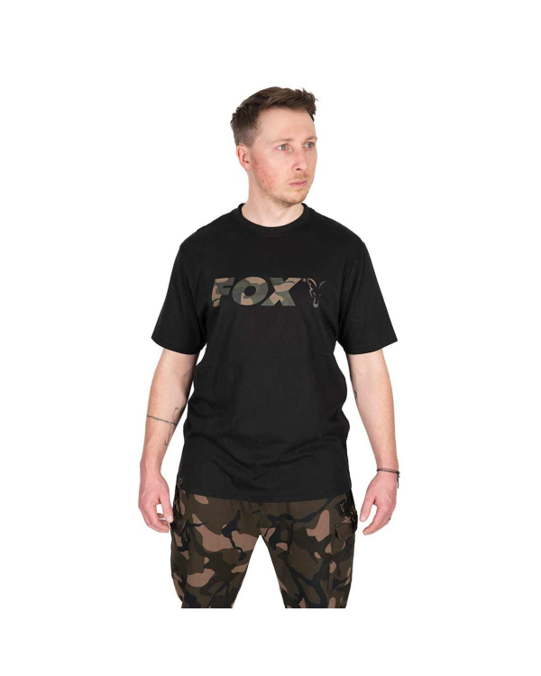 Tricou Pescuit Fox Black/Camo Logo T-Shirt L